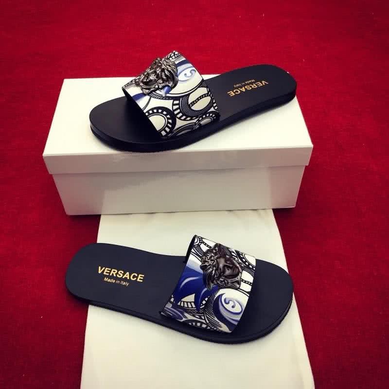 Versace New Fashion Slippers Cowhide Black White And Blue Men 7