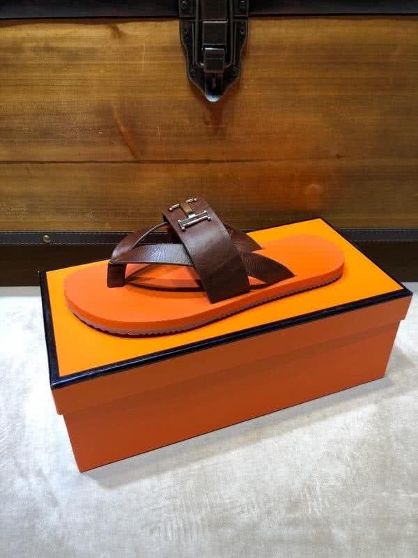Hermes Fashion Comfortable Slipper Cowhide Orange And Brown Men 2