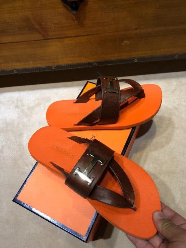 Hermes Fashion Comfortable Slipper Cowhide Orange And Brown Men 4