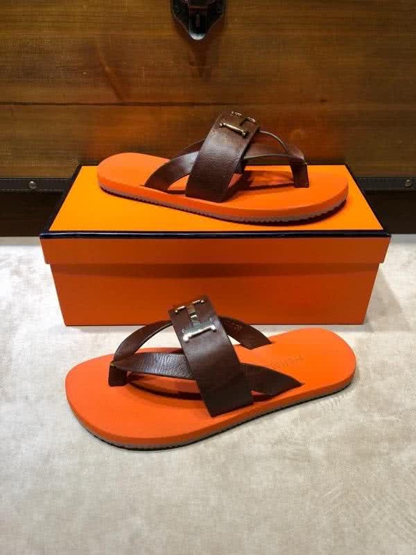 Hermes Fashion Comfortable Slipper Cowhide Orange And Brown Men 8