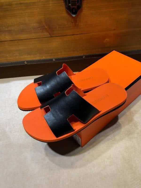 Hermes Fashion Comfortable Slipper Cowhide Orange And Black Men 3