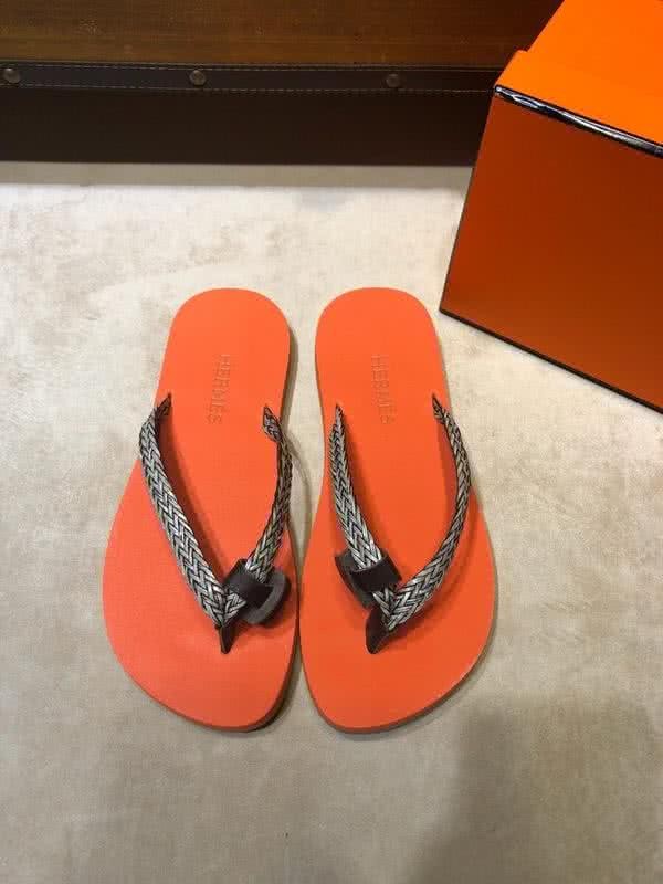 Hermes Fashion Comfortable Slipper Cowhide Orange And Grey Men 1