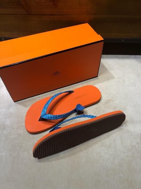 Hermes Fashion Comfortable Slipper Cowhide Orange And Blue Men 4