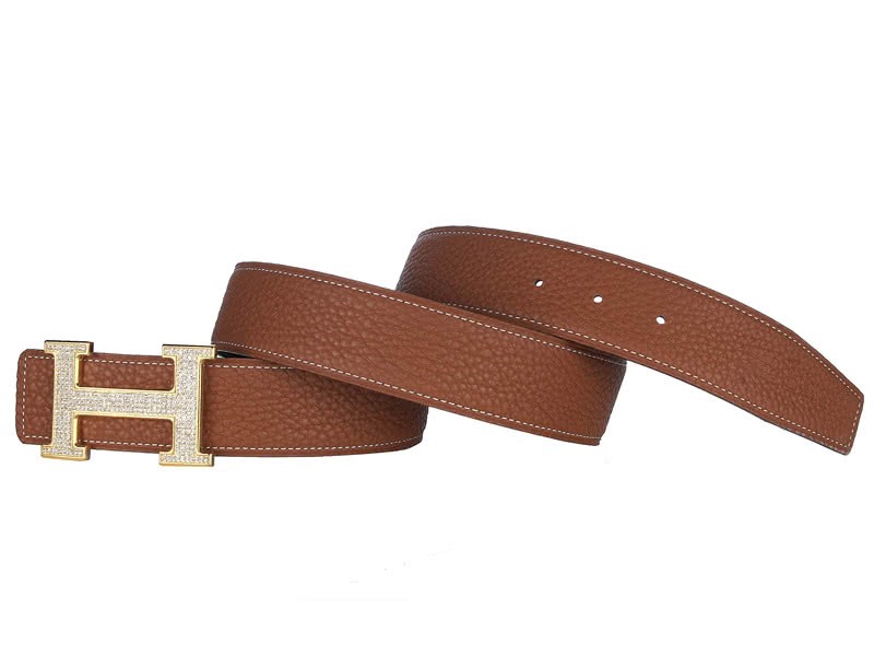 Hermes Togo Leather Gold H Buckle Belt With Diamond Mount Brown 3