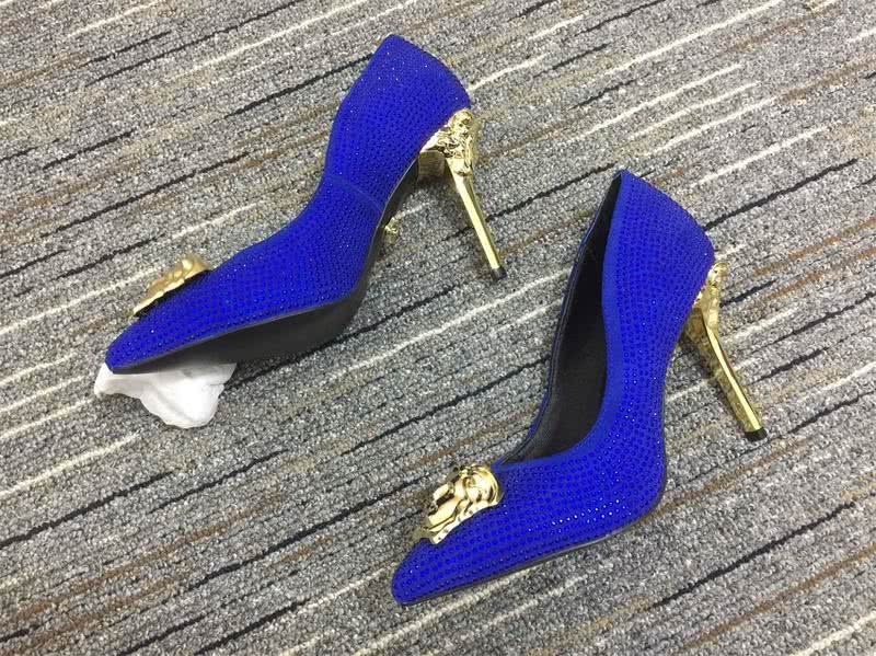 Versace High Heels Rhinestones Blue Golden Women 8
