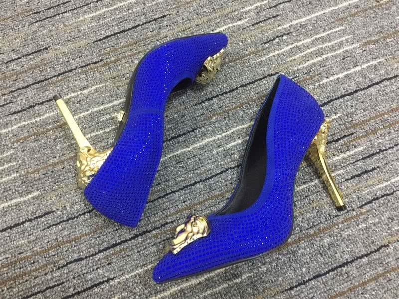 Versace High Heels Rhinestones Blue Golden Women 10