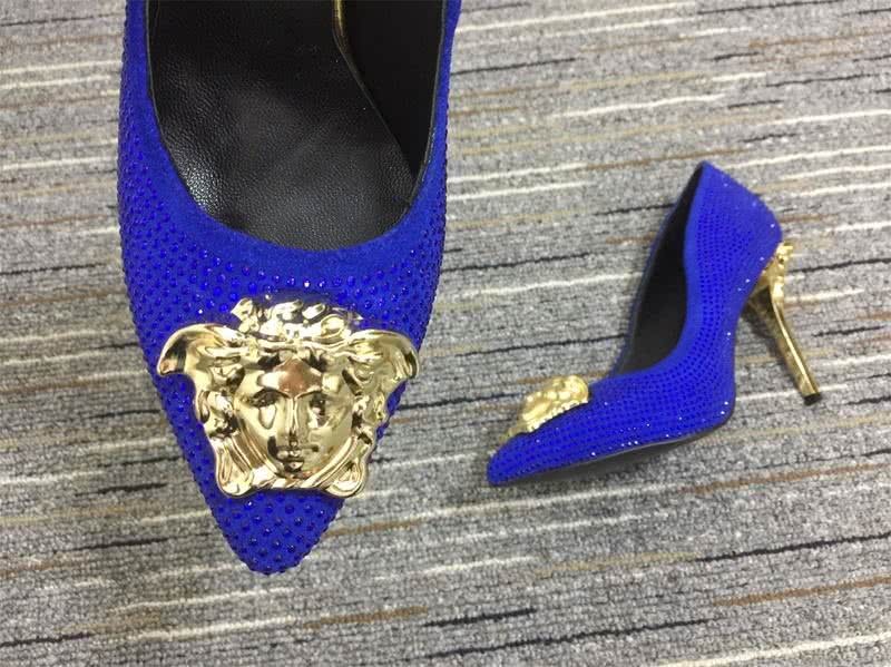Versace High Heels Rhinestones Blue Golden Women 14