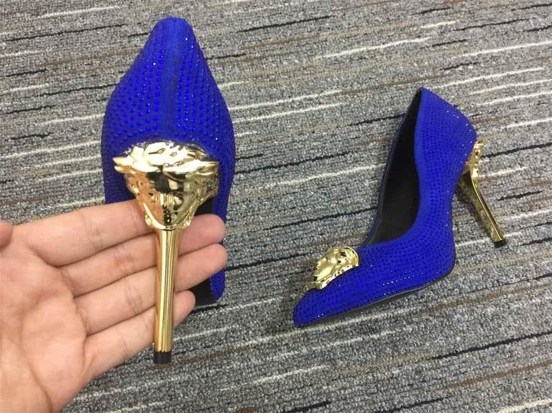 Versace High Heels Rhinestones Blue Golden Women 16