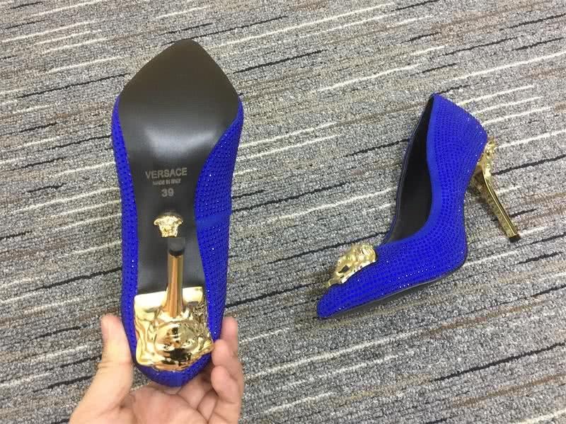 Versace High Heels Rhinestones Blue Golden Women 18