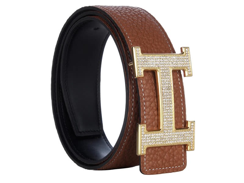 Hermes Togo Leather Gold H Buckle Belt With Diamond Mount Brown 1