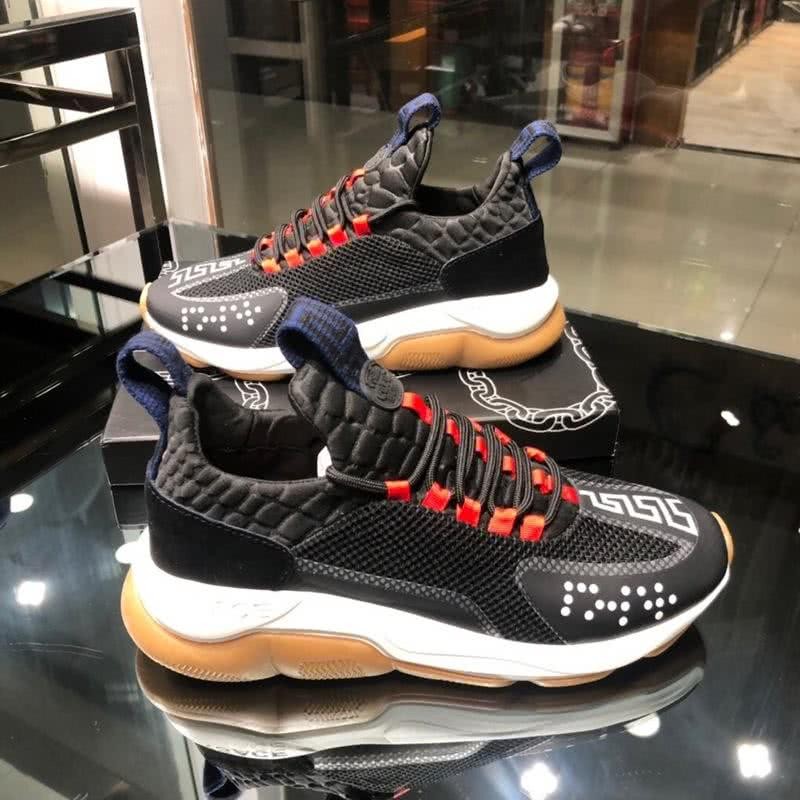 Versace Cowhide Breathable Canvas Lining Sneakers Black And Orange Men  4