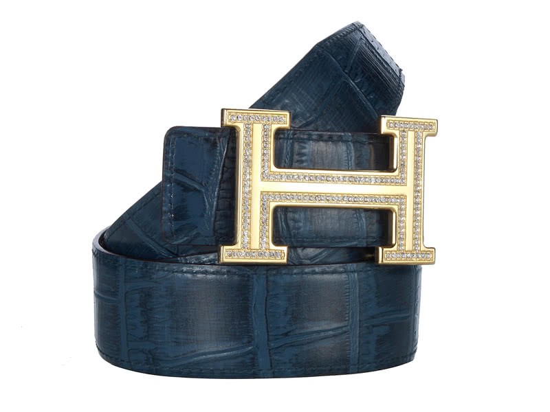 Hermes Crocodile Leather Gold H Buckle Belt With Diamond Dark Blue 2