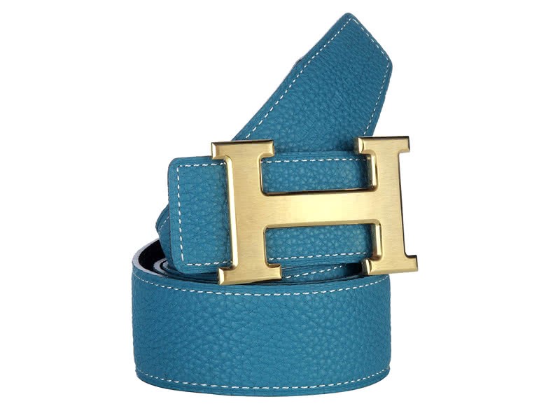 Hermes Togo Leather Belt With Gold H Buckle Blue Black 2