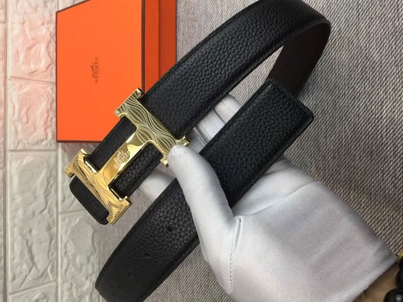 Hermes Shiny Gold H Belt Buckle & Reversible Leather Strap Black 5