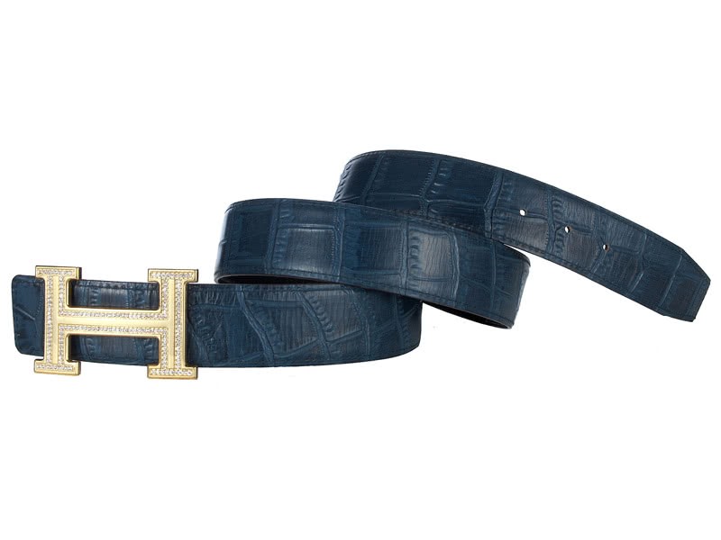 Hermes Crocodile Leather Gold H Buckle Belt With Diamond Dark Blue 3