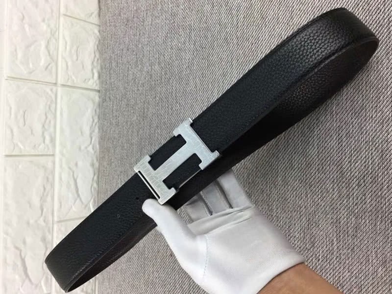 Hermes Silver H Belt Buckle & Reversible Leather Strap Black 6