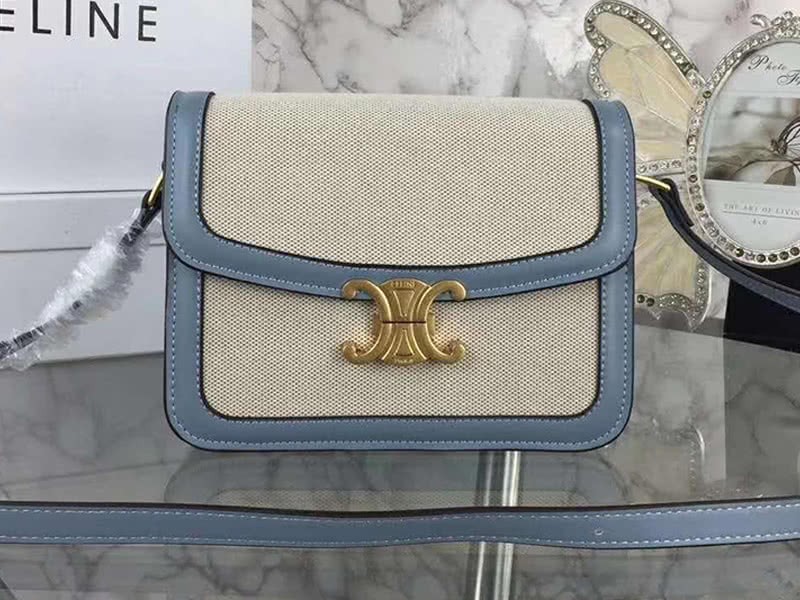 Celine Large Triomphe Bag In Textile And Natural Calfskin Blue 1