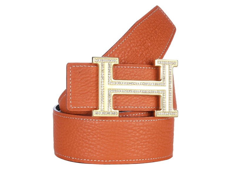 Hermes Togo Leather Gold H Buckle Belt With Diamond Mount Orange 2