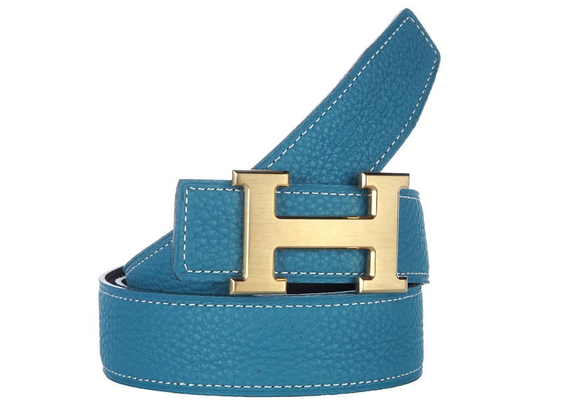 Hermes Togo Leather Belt With Gold H Buckle Blue 2