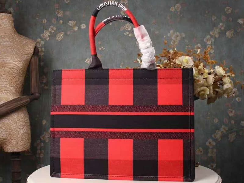 Dior Black Red Plaid Tote Bag 3
