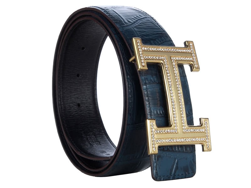 Hermes Crocodile Leather Gold H Buckle Belt With Diamond Dark Blue 1