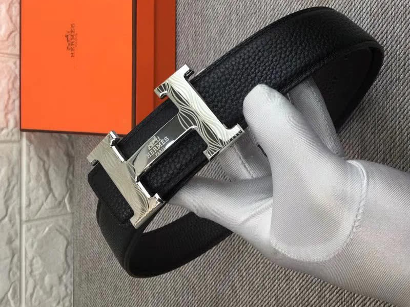 Hermes Shiny Silver H Belt Buckle & Reversible Leather Strap Black 5