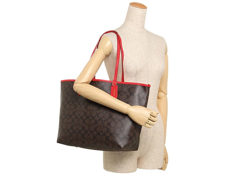 Coach Reversible Signature City Tote Brown Red 4