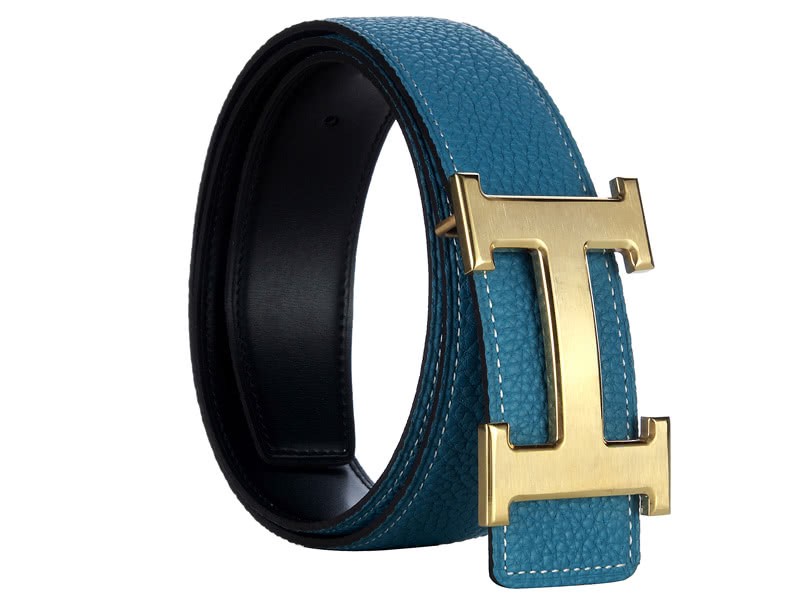 Hermes Togo Leather Belt With Gold H Buckle Blue Black 1