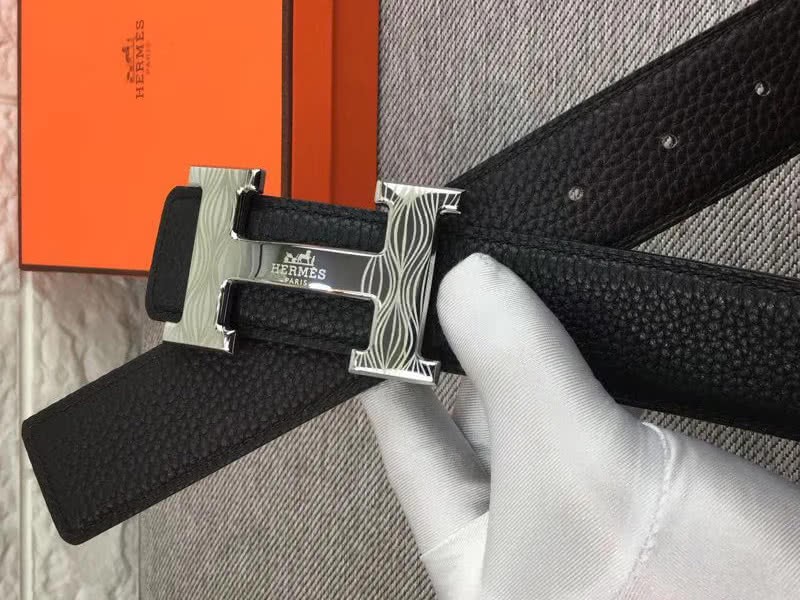Hermes Shiny Silver H Belt Buckle & Reversible Leather Strap Black 6