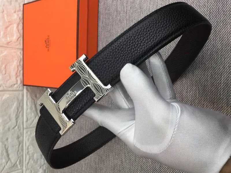 Hermes Shiny Silver H Belt Buckle & Reversible Leather Strap Black 4