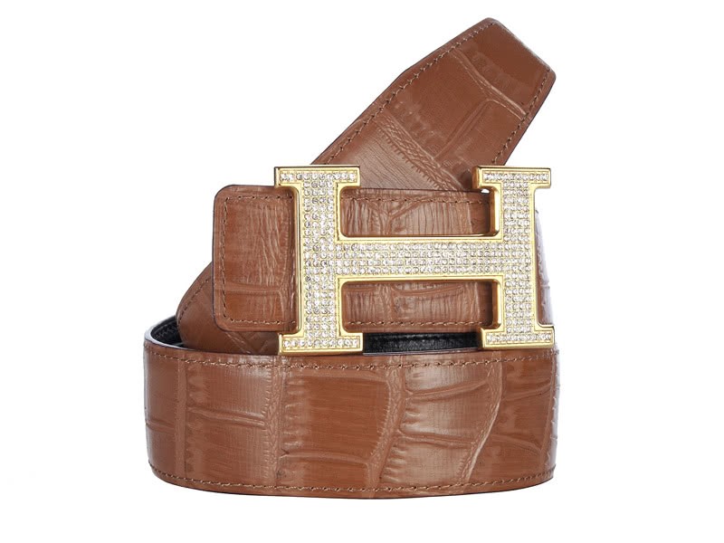 Hermes Crocodile Leather Gold H Buckle Belt With Diamond Brown 2