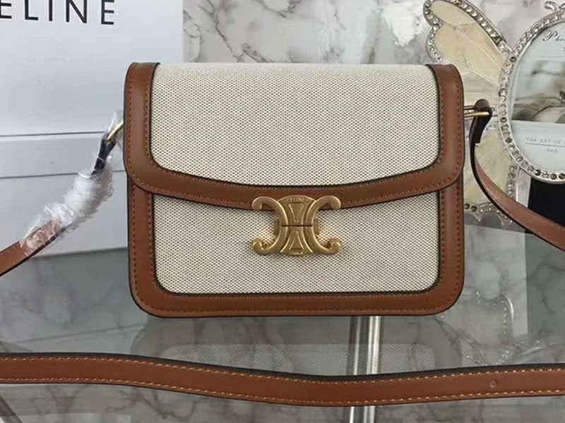 Celine Large Triomphe Bag In Textile And Natural Calfskin Brown 1