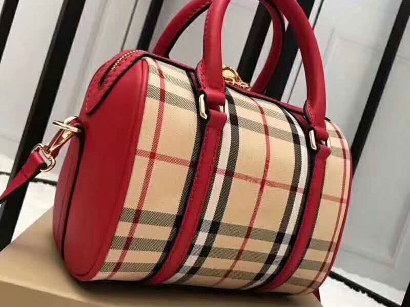 Burberry Boston Bag In Vintage Check And Leather Red 5