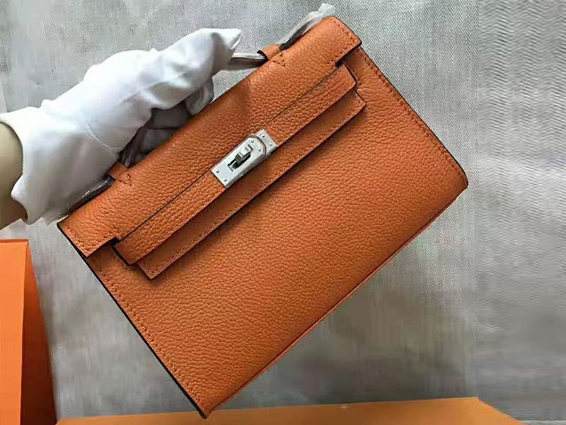 Hermes Pochette Kelly Togo Leather Silver Hardware Orange 4