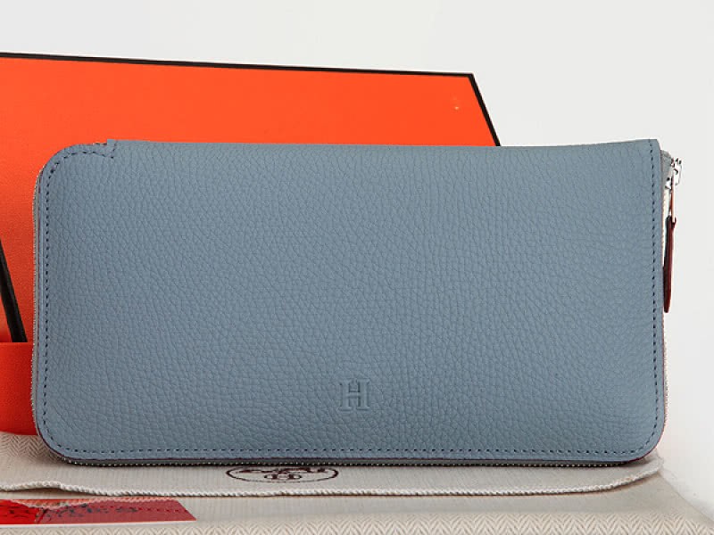 Hermes Zipper Wallet Original Leather Light Blue 1