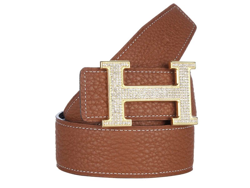 Hermes Togo Leather Gold H Buckle Belt With Diamond Mount Brown 2