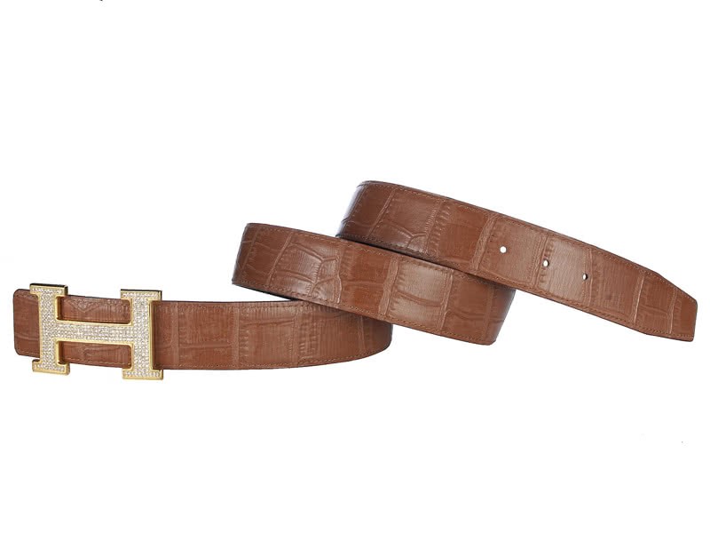 Hermes Crocodile Leather Gold H Buckle Belt With Diamond Brown 3