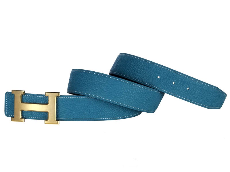 Hermes Togo Leather Belt With Gold H Buckle Blue Black 3