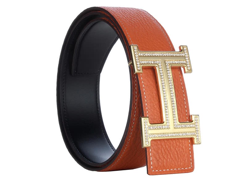 Hermes Togo Leather Gold H Buckle Belt With Diamond Mount Orange 1