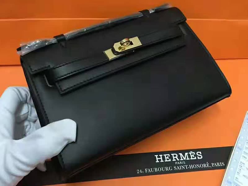 Hermes Swift Kelly Pochette Clutch Gold Hardware Black 1