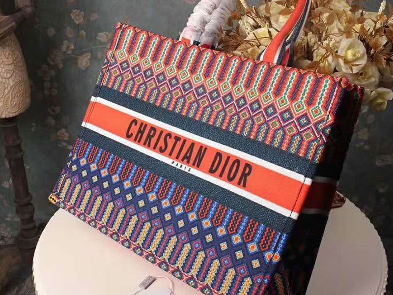 Dior Book Tote Bag In Embroidered Canvas Multicolour Orange 5