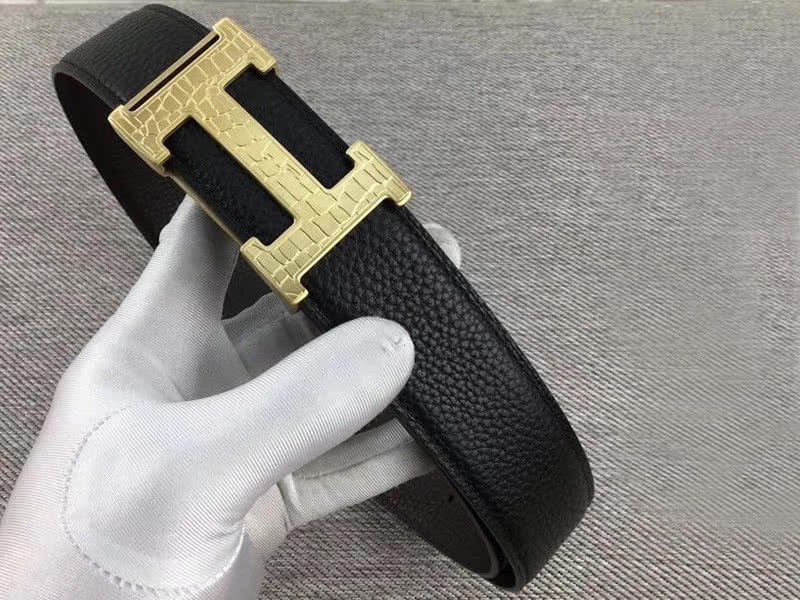 Hermes Gold H Belt Buckle & Reversible Leather Strap Black 1