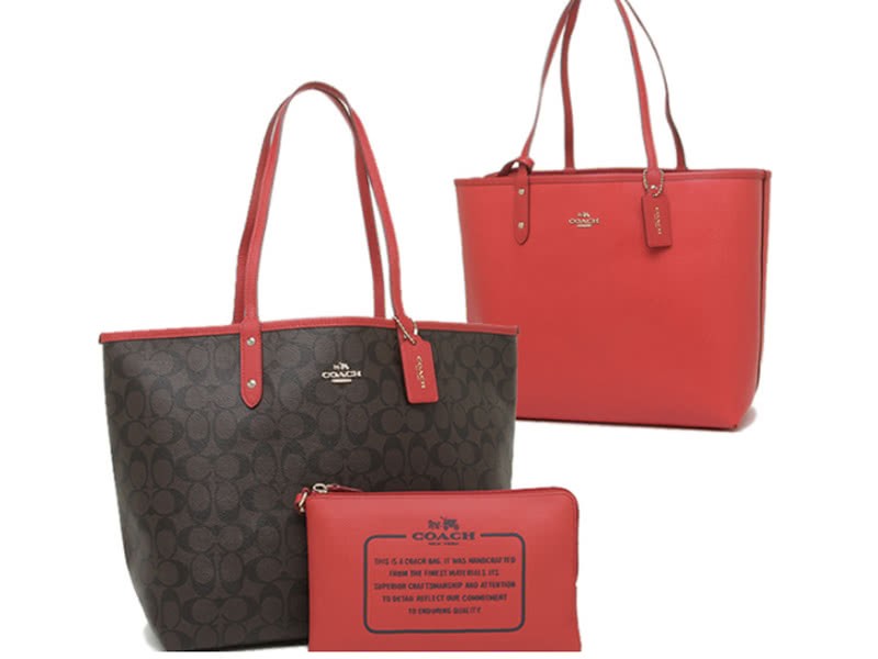 Coach Reversible Signature City Tote Brown Red 6