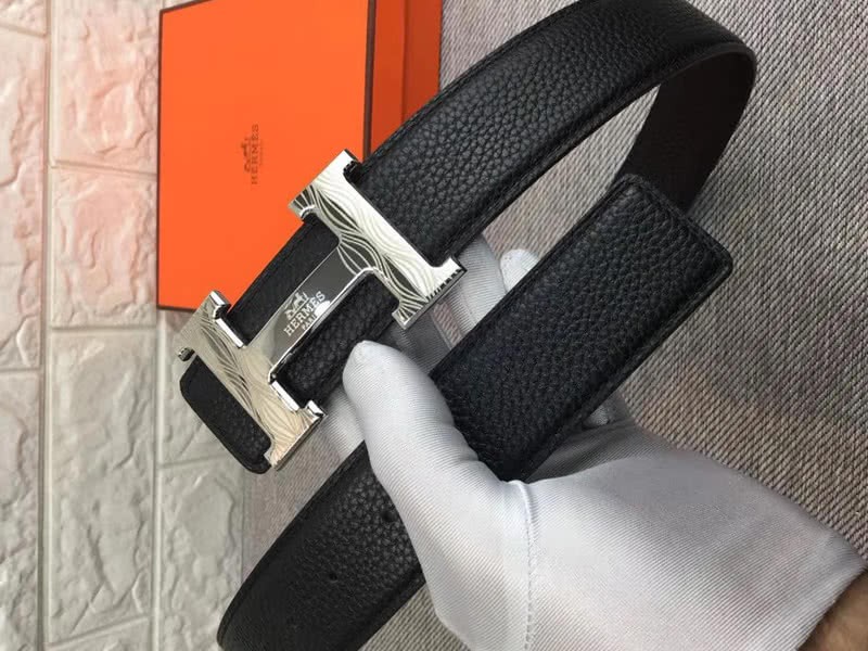 Hermes Shiny Silver H Belt Buckle & Reversible Leather Strap Black 3