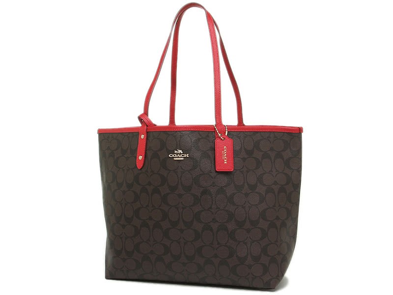 Coach Reversible Signature City Tote Brown Red 2