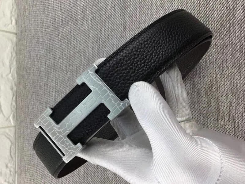 Hermes Silver H Belt Buckle & Reversible Leather Strap Black 4