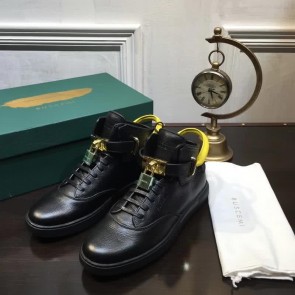 Buscemi Sneakers High Top Black Leather Yellow And Black Belt Men