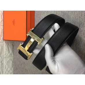 Hermes Shiny Gold H Belt Buckle & Reversible Leather Strap Black