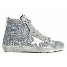 GGDB Sneakers FRANCY fabric embroidered with Glitter and Leather Star SILVER MOON